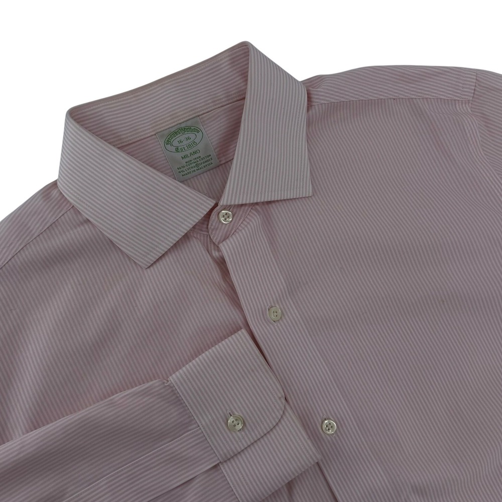 Brooks Brothers Milano Dress Shirt Mens 16-36 Pink Stripe Non-Iron Supima Cotton